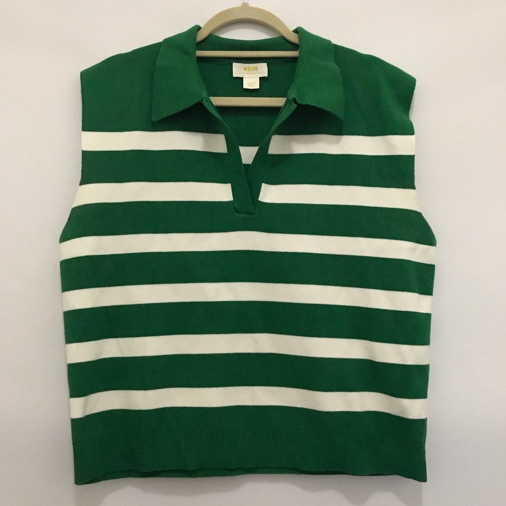 Maeve by Anthropologie Green and White Striped Sleeveless Polo Top Size L - Picture 2 of 6